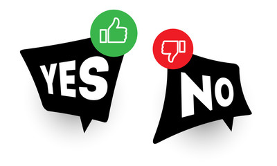 Yes and no speech bubbles with thumbs up and down sign. Vote symbol of like and dislike