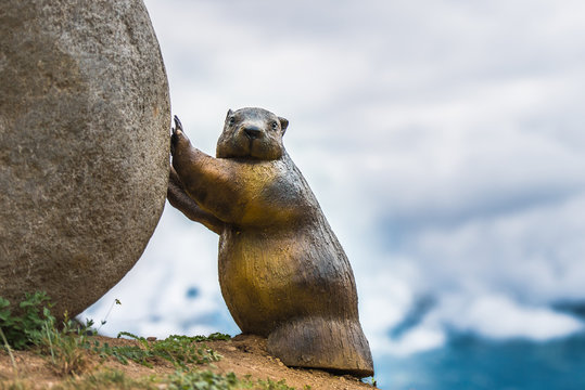 Close up of a Marmot statue roll a stone ,the pyrenees, France, Europe