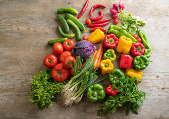 Local market fresh vegetable, garden produce, clean eating and dieting concept, Fresh vegetables on wooden table