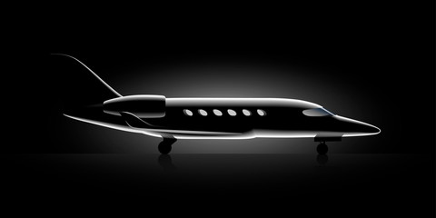 Realistic private jet business class aircraft in the night Flies