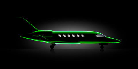 green Realistic private jet business class aircraft in the night Flies