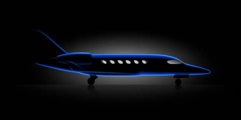blue Realistic private jet business class aircraft in the night Flies