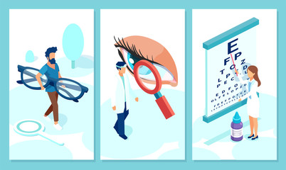 Vector collage of a professional eye doctor taking care of a patient with vision problems