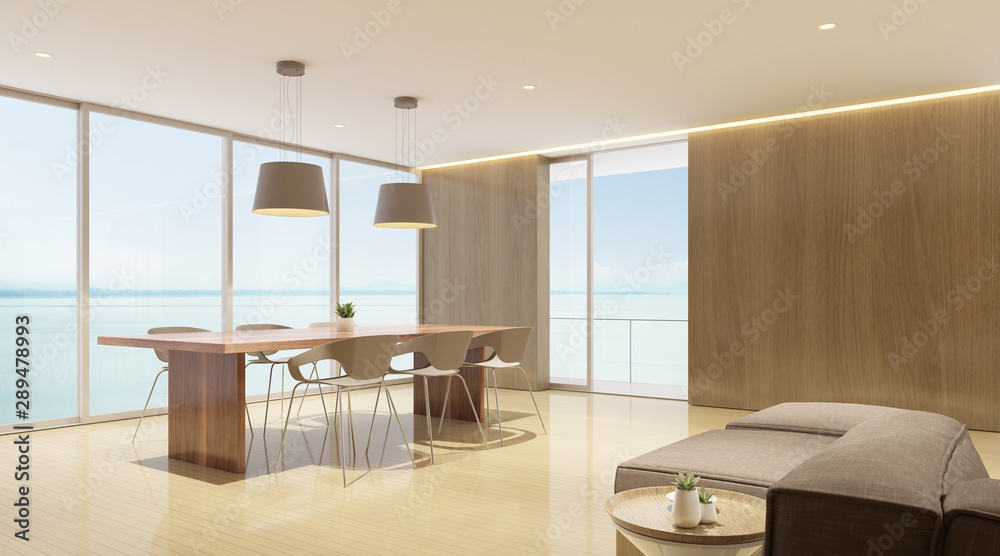 Poster perspective of modern luxury living room with dining table on sea view background, timber interior d