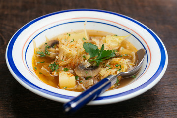 Vegan Farmhouse Soup with Cabbage, Potatoes and Mushrooms
