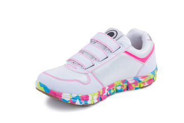 One white colorful sole bright children laced snickers shoe boot isolated