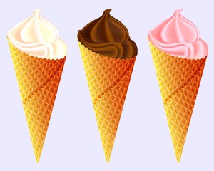 Different flavors of Ice Cream in a waffles cones or icecream scoops isolated on white background. Creamy, chocolate and berry or fruit topping.