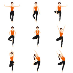 Tree pose variations yoga asanas set/ Illustration stylized woman practicing vrikshasana and side bend