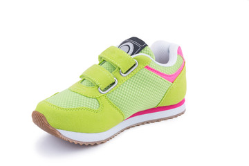 One colorful bright green children laced snickers shoe boot isolated