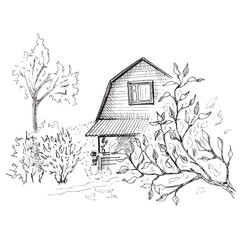 Rural landscape sketch. Hand drawn landscape with village house and trees. Sketch style illustration. Isolated on white