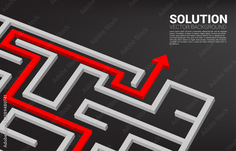 Poster Arrow with route path to exit the maze. Business concept for problem solving and solution strategy