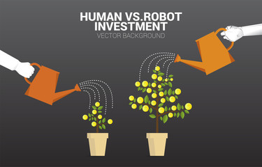 robot and human watering the money tree . concept of Financial business disruption and A.I. industrial