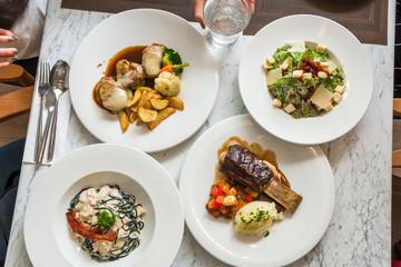 Food on the white mable table in luxury restaurant , Top view ,