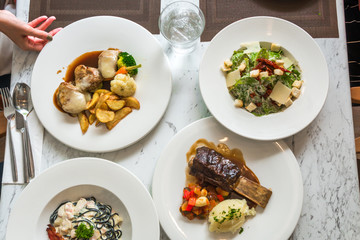 Food on the white mable table in luxury restaurant , Top view ,