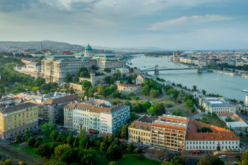 Fototapeta na wymiar Aerial view of Buda castle the Danube, the Chain bridge from the Taban in Budapest Hungary
