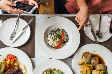Food on the white mable table in luxury restaurant , Top view ,