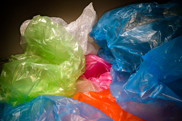 Disposable plastic bags background. Lightweight transparent, reusable plastic waste. Rubbish bags, plastic recycling, environmental issues