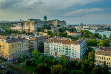 Naklejka premium Aerial view of Buda castle the Danube, the Chain bridge from the Taban in Budapest Hungary