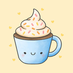 Hot chocolate and whipped cream cartoon hand drawn style