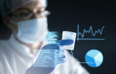 Medical research concept with futuristic AR screen information, smart technology and digital hologram interface. Laboratory test result, report and statistics. Doctor or scientist in lab or clinic.