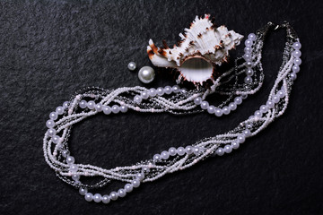 Pearls in a shell on a black background