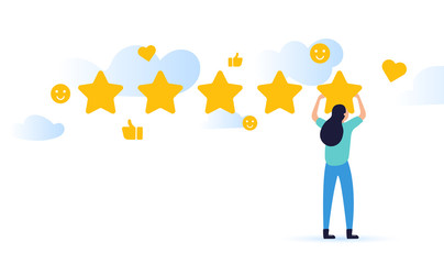 vector illustration on white background. the best estimate of performance, the score of five points. woman or men pointing at one of five stars. successful work is the highest score.