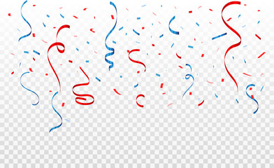 Celebration background template with confetti red and blue ribbons.