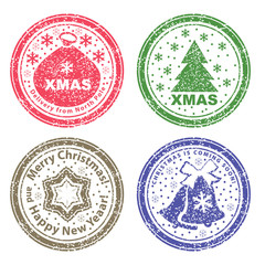 Set of vector stamps. Christmas bag, Christmas tree and bells in snow.