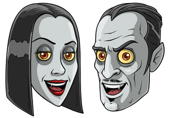 Cartoon colorful smiling funny pale vampire men and women characters with sharp canines. Isolated on white background. Halloween vector icon set.