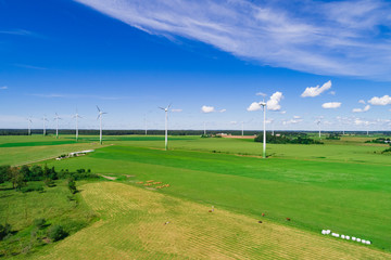Fototapeta premium Wind turbines in open green field with blue sky background. 