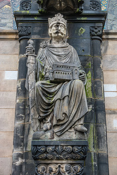 Old statue of king in front of Cathedral in Bremen, Germany