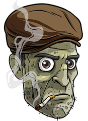 Cartoon colorful angry funny green dead zombie monster boy character in cap with cigarette. Isolated on white background. Halloween vector icon.
