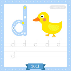 Letter D lowercase tracing practice worksheet. Duck