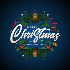 Fototapeta na wymiar Christmas wreath design with festive Christmas decoration ornaments and objects
