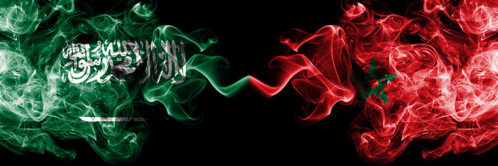 Saudi Arabia Kingdom vs Morocco, Moroccan smoky mystic flags placed side by side. Thick colored silky smoke flags of Arabic, Arabian and Morocco, Moroccan