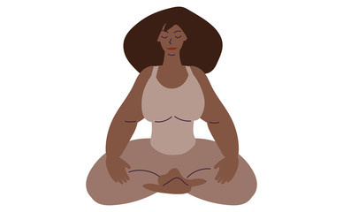 Flat style cartoon cute character, african american woman doing meditation in yoga pose. Healthcare, wellbeing, exercise, stress relief concept. Minimal vector illustration.