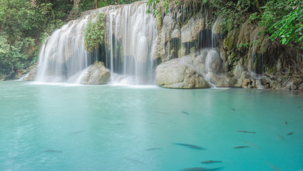 Fototapeta na wymiar Waterfall in rain forest at Erawan National Park at Kanchanaburi in Thailand