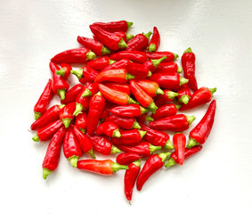Colourful spicy hot red missile chillis freshly picked from the plant