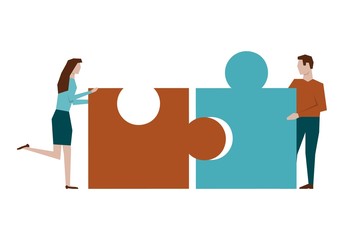 Man and woman assemble the puzzle. Concept of bussines team work. Cooperation and partnership metaphor with jigsaw puzzle piece. Vector illustration in flat design.