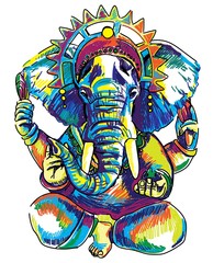 God Ganesh. Multicolored stylish sketch. Elephant head, Nirvana print, yoga.