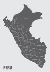 The Peru map divided into regions with labels