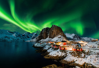 Aurora borealis over Hamnoy in Norway - obrazy, fototapety, plakaty