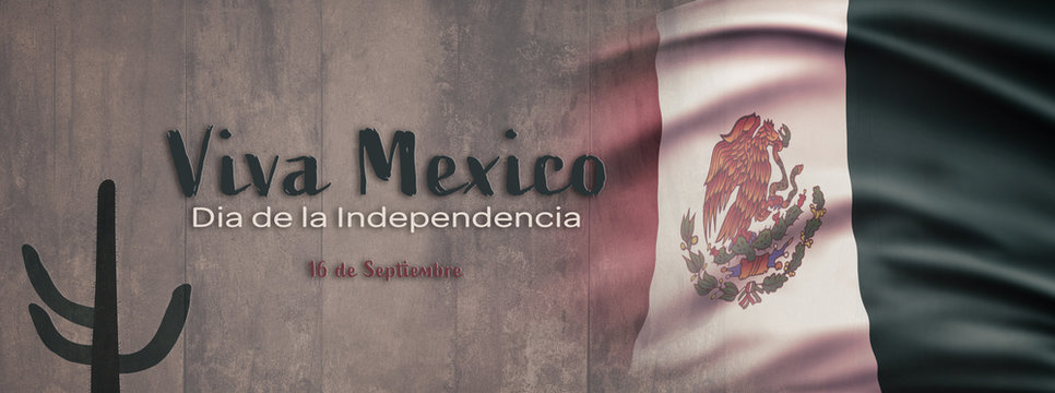 Mexican National Holiday. Mexican Flag background with national colors. Cloudy blue hour sky. Spanish Text: Viva Mexico. Dia de la Independencia