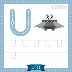 Letter U uppercase tracing practice worksheet. UFO