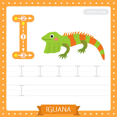 Letter I uppercase tracing practice worksheet. Iguana