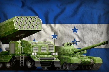 Honduras heavy military armored vehicles concept on the national flag background. 3d Illustration