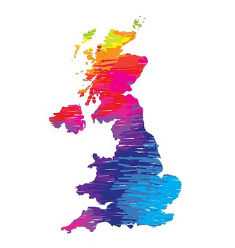 Flat map of United Kingdom. Multicolored drawing markers. Bright colours.