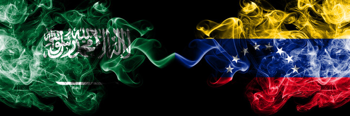 Saudi Arabia Kingdom vs Venezuela, Venezuelan smoky mystic flags placed side by side. Thick colored silky smoke flags of Arabic, Arabian and Venezuela, Venezuelan