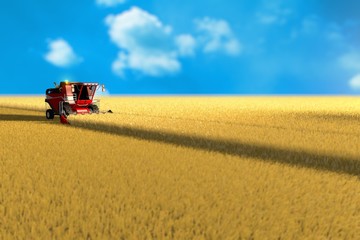 Fototapeta premium industrial 3D illustration of red wheat combine harvester working on the big wheat field - farm vehicle concept