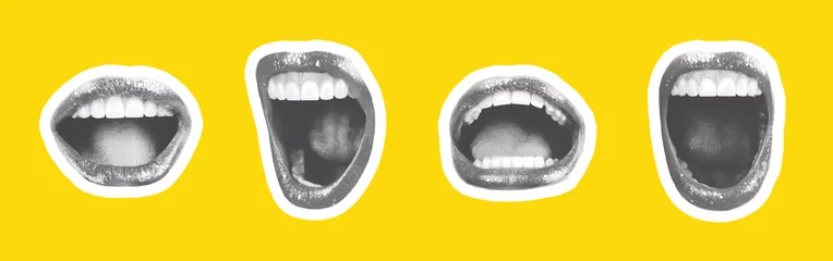 Fotobehang Collage of contemporary art in the style of a magazine with a set of female emotional lips. Closeup mouth girl expressing various emotions. Black and white tones colorful yellow background   © tryama